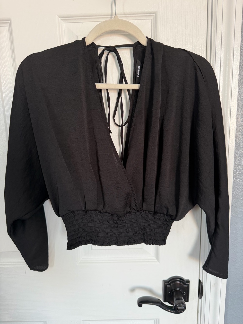 Express Black V-Neck Smocked-Waist Blouson Top
